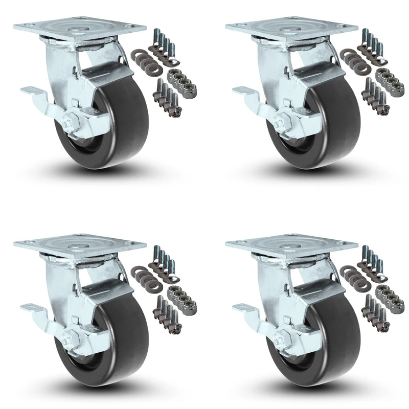 4-Piece Swivel Caster Set with Brakes and Mounting Hardware - 4" x 2" Polyolefin Wheels, 2,000 lbs Total Capacity CasterHQ