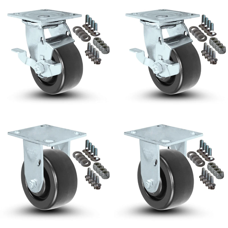 4-Piece Caster Set | 2 Swivel with Brakes 2 Fixed and Mounting Hardware - 5" x 2" Polyolefin Wheels, 2,600 lbs Total Capacity CasterHQ