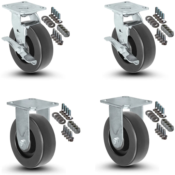 4-Piece Caster Set | 2 Swivel with Brakes 2 Fixed and Mounting Hardware - 6" x 2" Polyolefin Wheels, 2,800 lbs Total Capacity CasterHQ