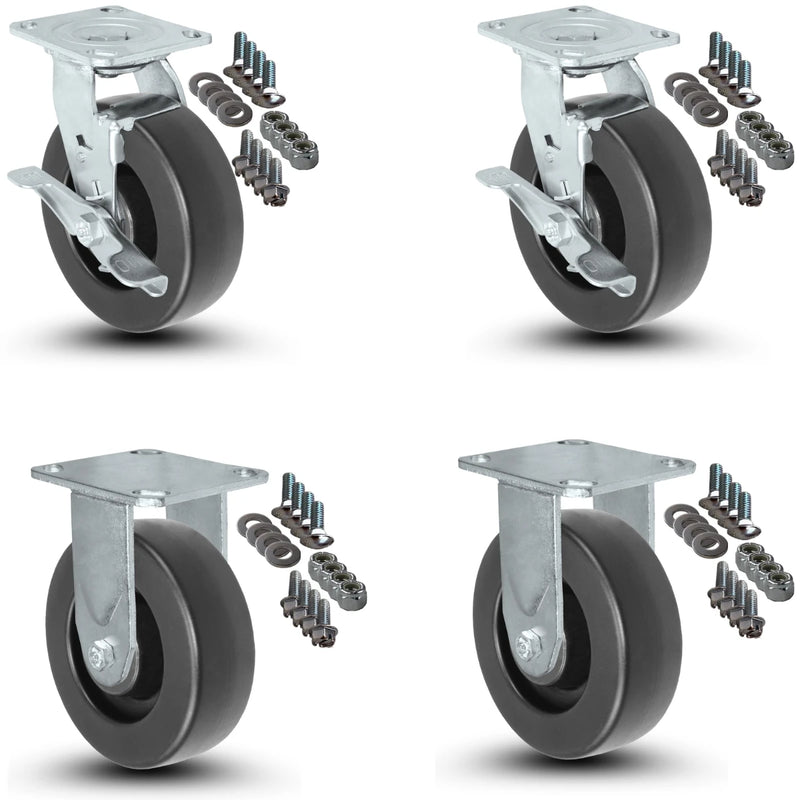 4-Piece Caster Set | 2 Swivel with Brakes 2 Fixed and Mounting Hardware - 6" x 2" Polyolefin Wheels, 2,800 lbs Total Capacity CasterHQ