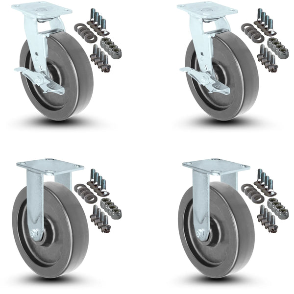 4-Piece Caster Set | 2 Swivel with Brakes 2 Fixed Casters with Mounting Hardware - 8" x 2" Polyolefin Wheels, 3,200 lbs Total Capacity CasterHQ