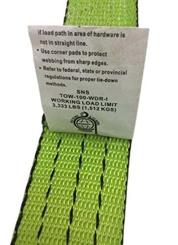 TOW-100-WDR-I Hi-Viz Green TECNIC Webbing Lasso Straps - 2" x 100", 3333lbs Load Capacity - Durable Towing and Securing Solutions SAFE 'N SECURE LLC
