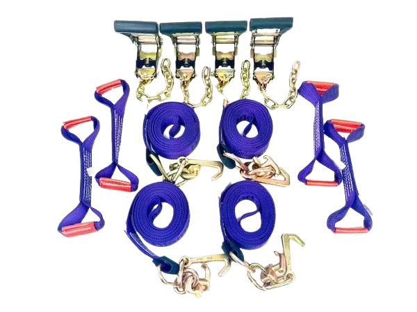 8 Point Diamond Weave Flatbed Rollback 14' Car Tie Down Kit with RJ Hooks - 3,333 lbs WLL, Made in USA CasterHQ