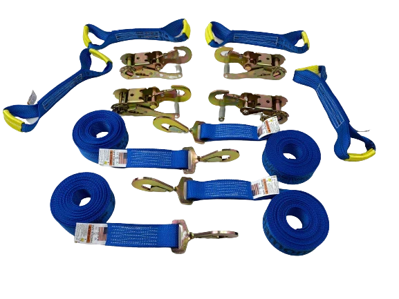 8 Point Diamond Weave Flatbed Rollback Car Tie Down Kit with Twisted Snap Hooks - 14ft Straps, 3,333 lbs WLL, Made in USA CasterHQ