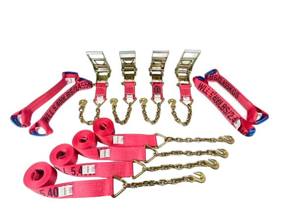 3" 8-Point Flatbed/Rollback Kit with 4 Ratchets, 4 Dogbones, 4 Straps - 5,400 lbs WLL, Chain & Grab Hooks CasterHQ