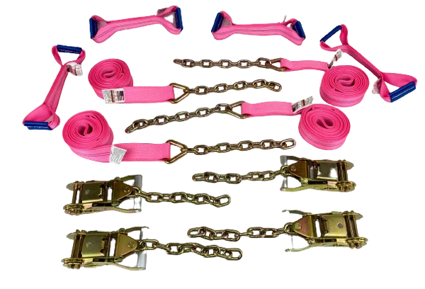 2" x 18' Diamond Weave Tow Straps Kit with Ratchets, Chains & Dog Bones for Rollback/Flatbed Trucks CasterHQ