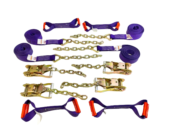 2" x 18' Diamond Weave Tow Straps Kit with Ratchets, Chains & Dog Bones for Rollback/Flatbed Trucks CasterHQ