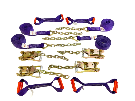 2" x 18' Diamond Weave Tow Straps Kit with Ratchets, Chains & Dog Bones for Rollback/Flatbed Trucks CasterHQ