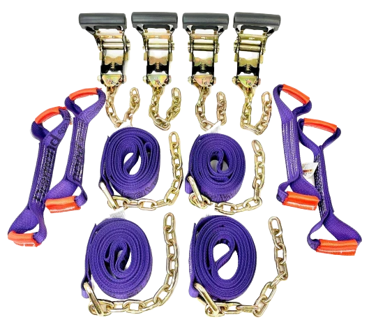 8 Point Diamond Weave Flatbed Rollback 14' Car Tie Down Kit with Chain Tail - Heavy Duty 3,333 lbs WLL, Made in USA CasterHQ