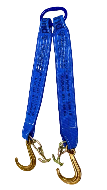 Towing V Bridle 4 inch x 24 inch with 8 inch J Hook and TJ Hook - Diamond Weave, 5,400 lbs WLL, Blue, Made in USA CasterHQ