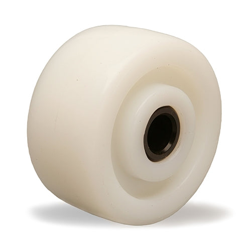 Hamilton W-420-WNZ-3/4 White Nylon Wheel with 4" Diameter, 2" Wide, 2 3/16" Hub Length, and 3/4" Delrin Bearing, showcasing its robust construction and high-performance design suitable for casters in commercial and residential environments.