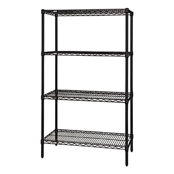 WR63-2472BK Black Epoxy  Wire Shelving Unit: 4-Shelf, 72"W x 24"D x 63"H, 600lb Capacity, NSF-Approved, Tool-Free Assembly Quantum
