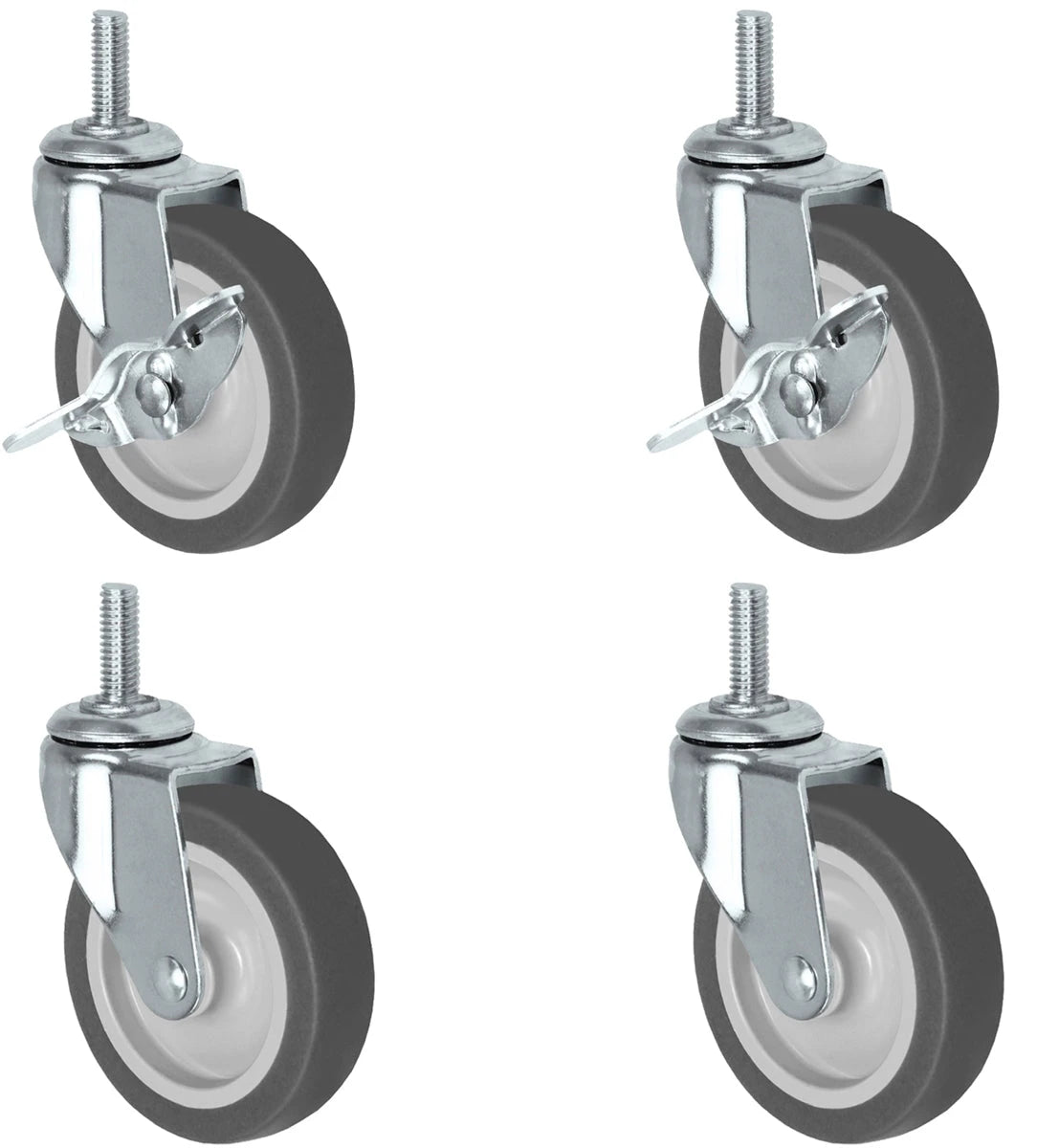 Universal Steel Wire Post Shelving Caster Set | 3" Thermo Rubber Wheel | 3/8" Threaded Stem - 2 Locking & 2 Swivel CasterHQ