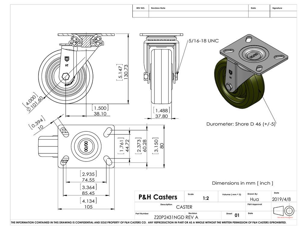 P&H Z20P2431NGD dimensional drawing: 5.147" overall height, 3-1/8" x 4-1/8" plate, 4" x 1-1/2" wheel