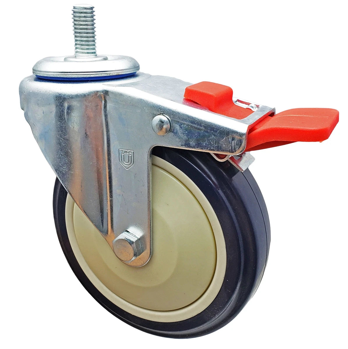 4" x 1-1/4" Total Locking Stem Caster | Purple on Cream Polyurethane Wheel | 300 lbs Capacity | 1/2"-13 x 1" Threaded Stem CasterHQ