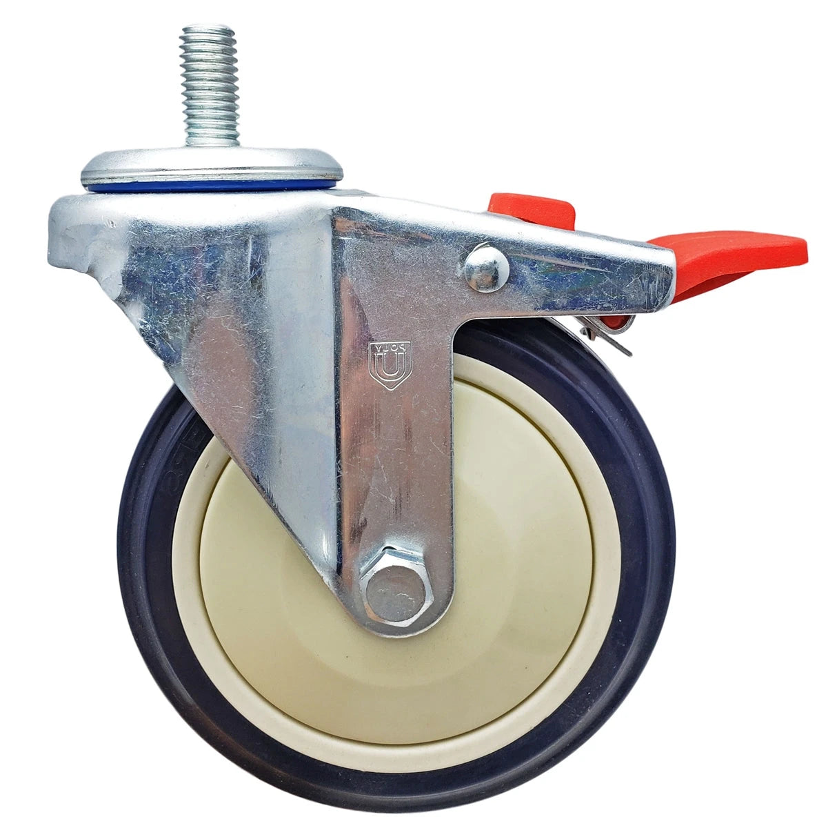 4" x 1-1/4" Total Locking Stem Caster | Purple on Cream Polyurethane Wheel | 300 lbs Capacity | 1/2"-13 x 1" Threaded Stem CasterHQ