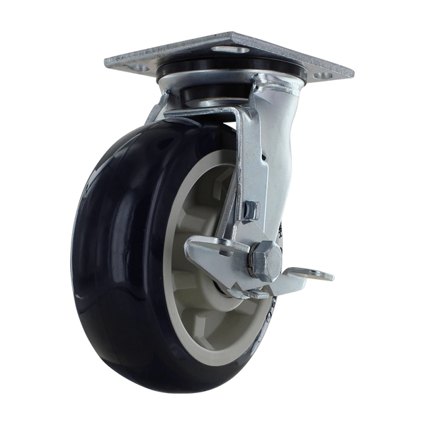 6" x 2" Heavy Duty Swivel Caster with Side Brake, 4" x 4-1/2" Plate, 1000 lb Capacity, Polyurethane Wheel CasterHQ