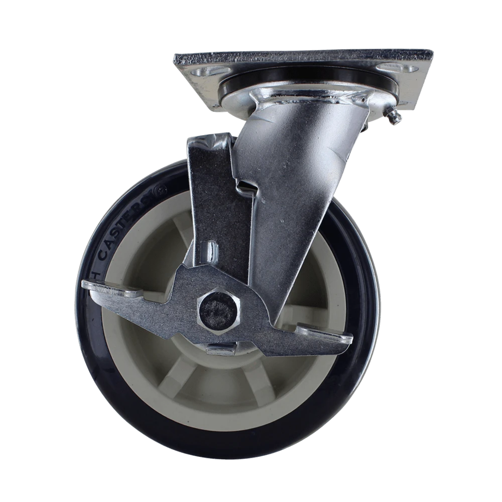6" x 2" Heavy Duty Swivel Caster with Side Brake, 4" x 4-1/2" Plate, 1000 lb Capacity, Polyurethane Wheel CasterHQ