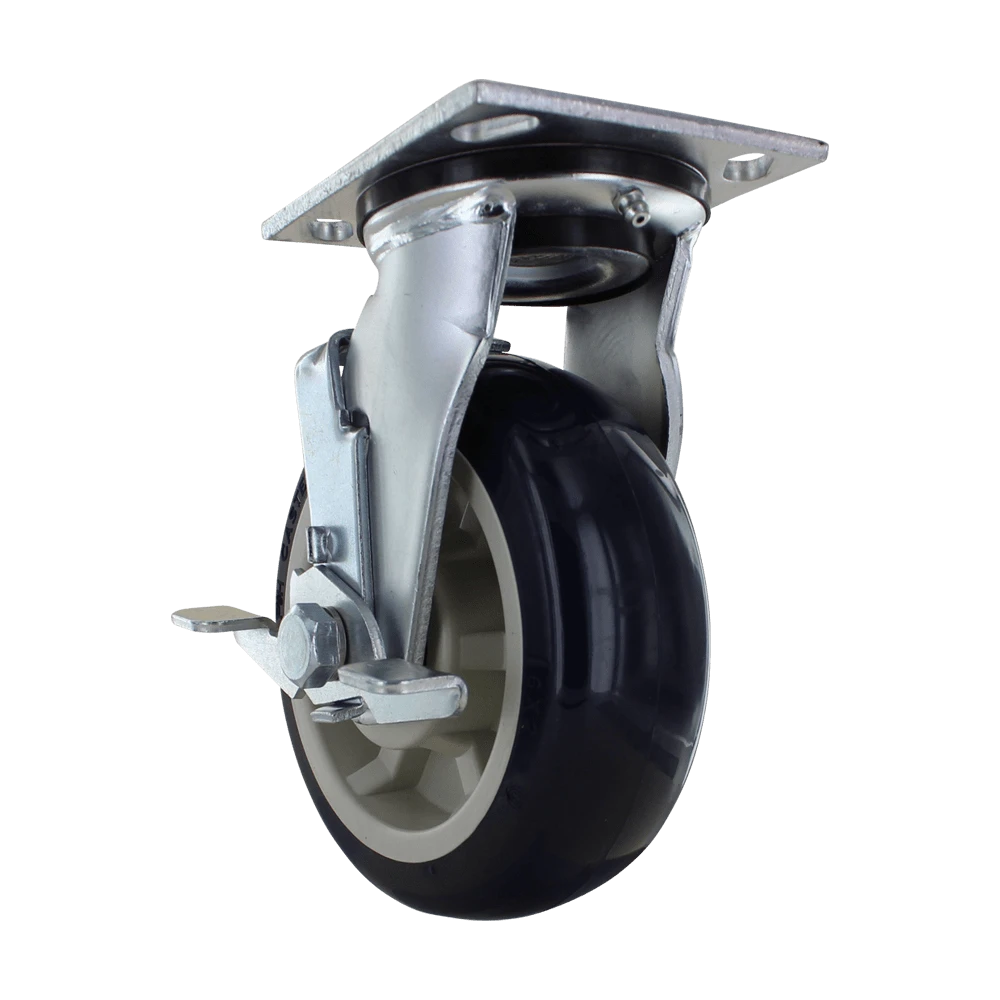 6" x 2" Heavy Duty Swivel Caster with Side Brake, 4" x 4-1/2" Plate, 1000 lb Capacity, Polyurethane Wheel CasterHQ