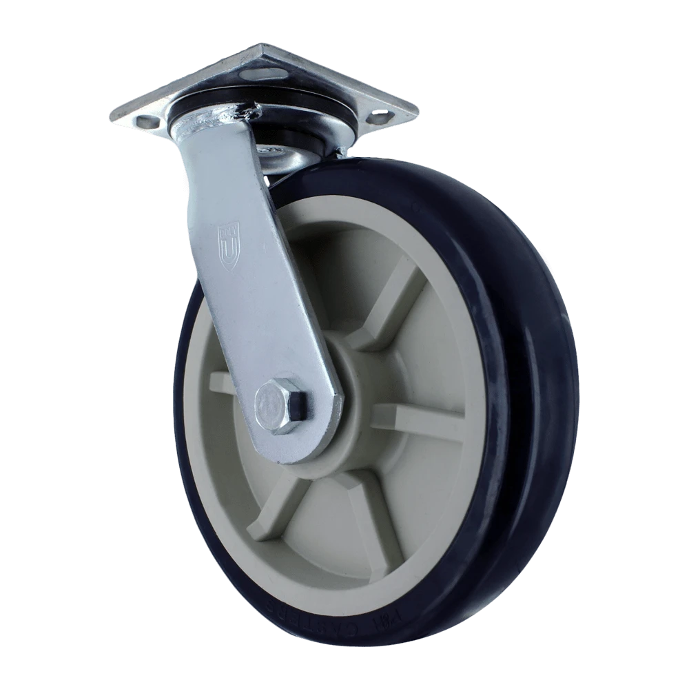 P&H Casters Heavy Duty 8" x 2" Swivel Caster with Zinc Plated Steel Yoke, 4" x 4.5" Plate, TPU A98 Crown Tread Blue on Tan Wheel CasterHQ