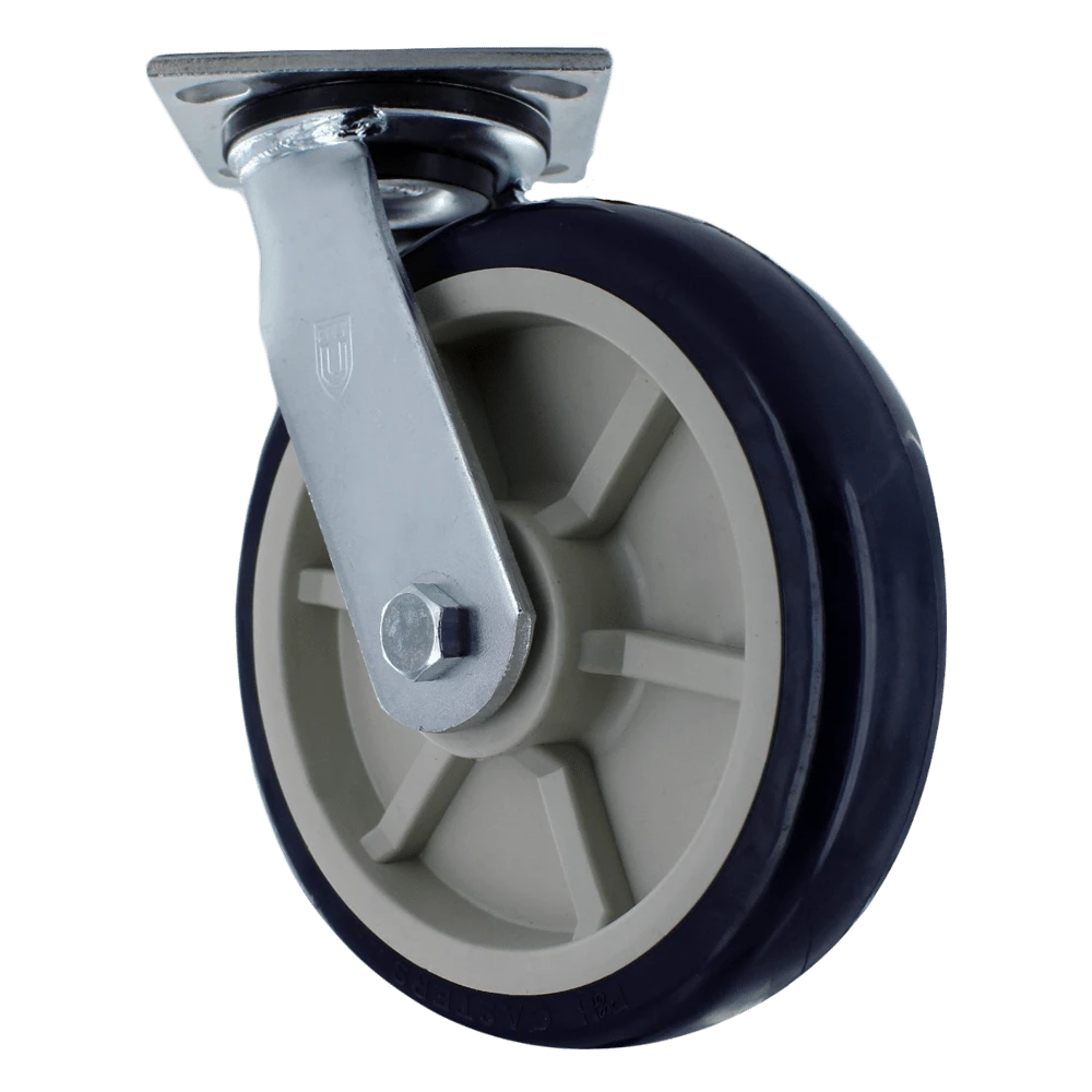 P&H Casters Heavy Duty 8" x 2" Swivel Caster with Zinc Plated Steel Yoke, 4" x 4.5" Plate, TPU A98 Crown Tread Blue on Tan Wheel CasterHQ