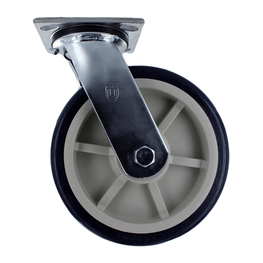 P&H Casters Heavy Duty 8" x 2" Swivel Caster with Zinc Plated Steel Yoke, 4" x 4.5" Plate, TPU A98 Crown Tread Blue on Tan Wheel CasterHQ