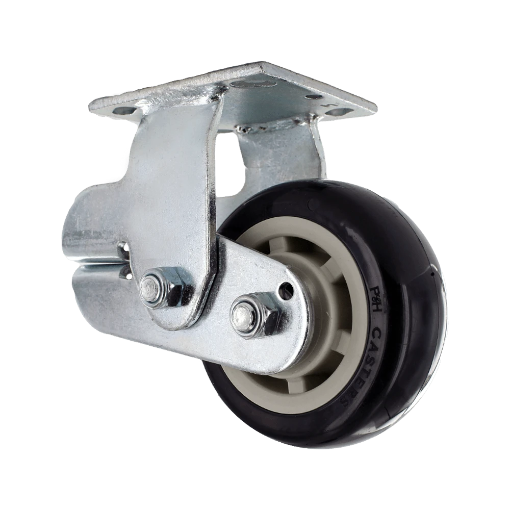 5" x 2" Polyurethane Spring Loaded Rigid Caster with Zinc Plated Steel Yoke, 4" x 4.5" Plate Mount, 1/2" Axle and Quad X Precision Bearings CasterHQ