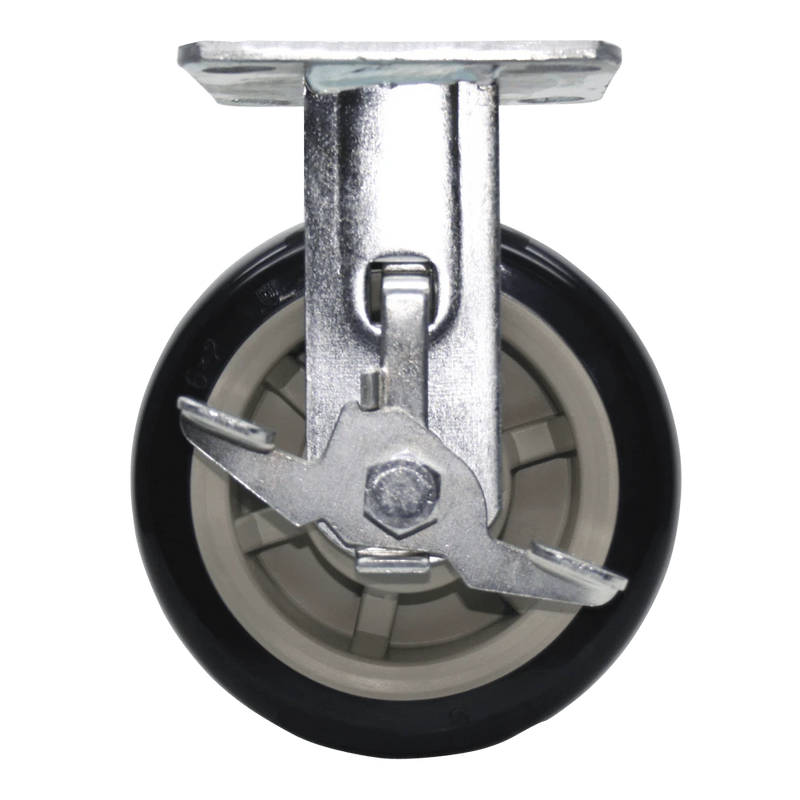 6" x 2" Medium/Heavy Duty Rigid Polyurethane Caster with Zinc Plated Steel Lacquer Dip Yoke, 4" x 4.5" Plate Mount, Side Brake, 1/2" Precision Bearings and Axle CasterHQ