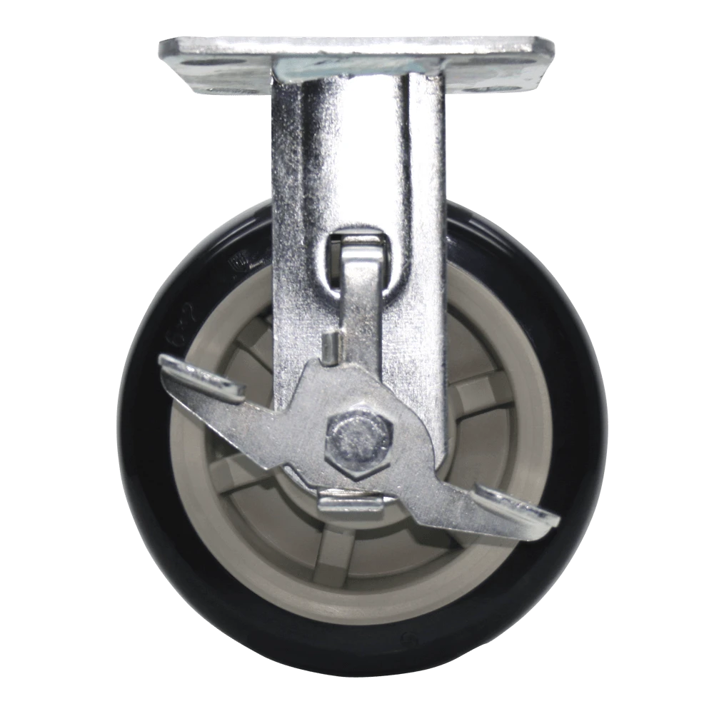 6" x 2" Medium/Heavy Duty Rigid Polyurethane Caster with Zinc Plated Steel Lacquer Dip Yoke, 4" x 4.5" Plate Mount, Side Brake, 1/2" Precision Bearings and Axle CasterHQ