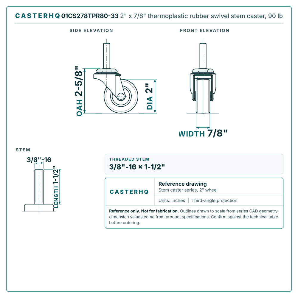 2" x 7/8" thermoplastic rubber swivel stem caster reference drawing, side, front and top plate views with dimensions