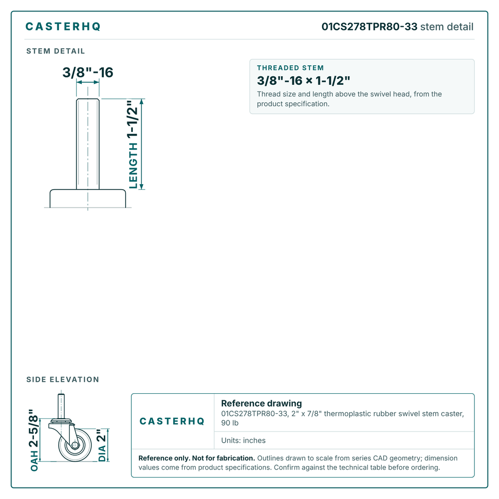 Stem detail drawing, threaded stem 3/8"-16 x 1-1/2"