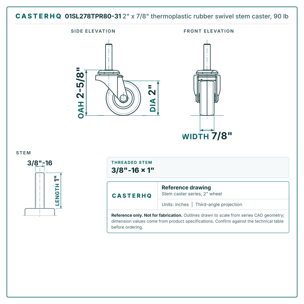 2" x 7/8" thermoplastic rubber swivel stem caster reference drawing, side, front and top plate views with dimensions