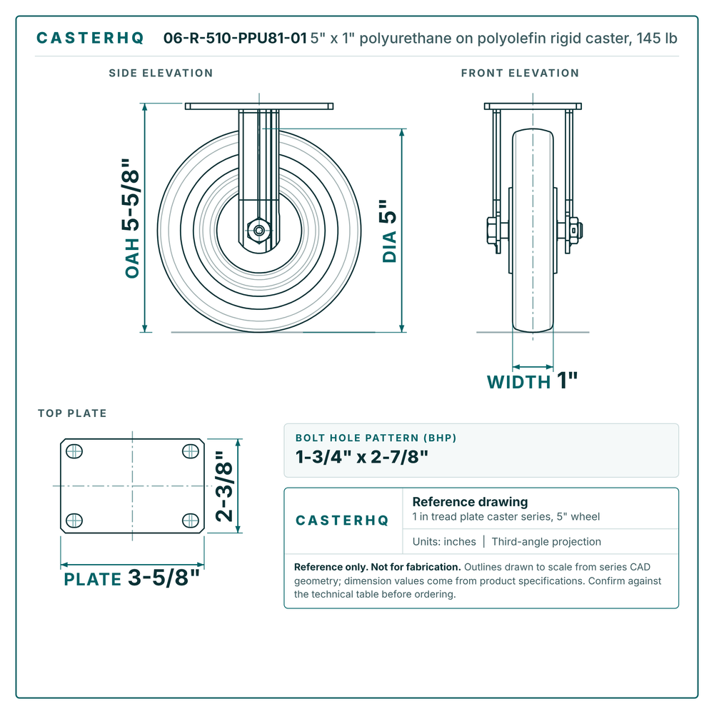 5" x 1" polyurethane on polyolefin rigid caster reference drawing, side, front and top plate views with dimensions