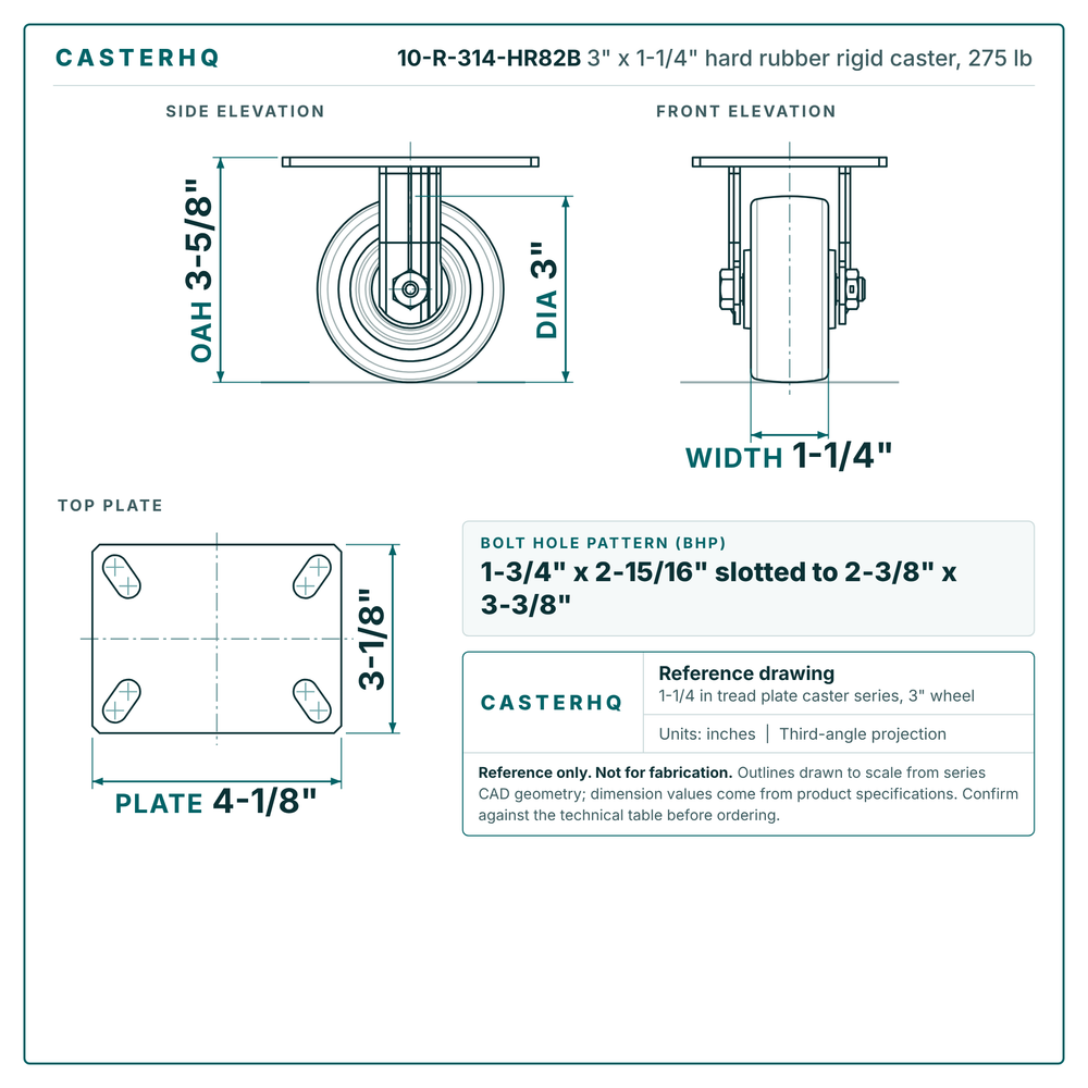 3" x 1-1/4" hard rubber rigid caster reference drawing, side, front and top plate views with dimensions