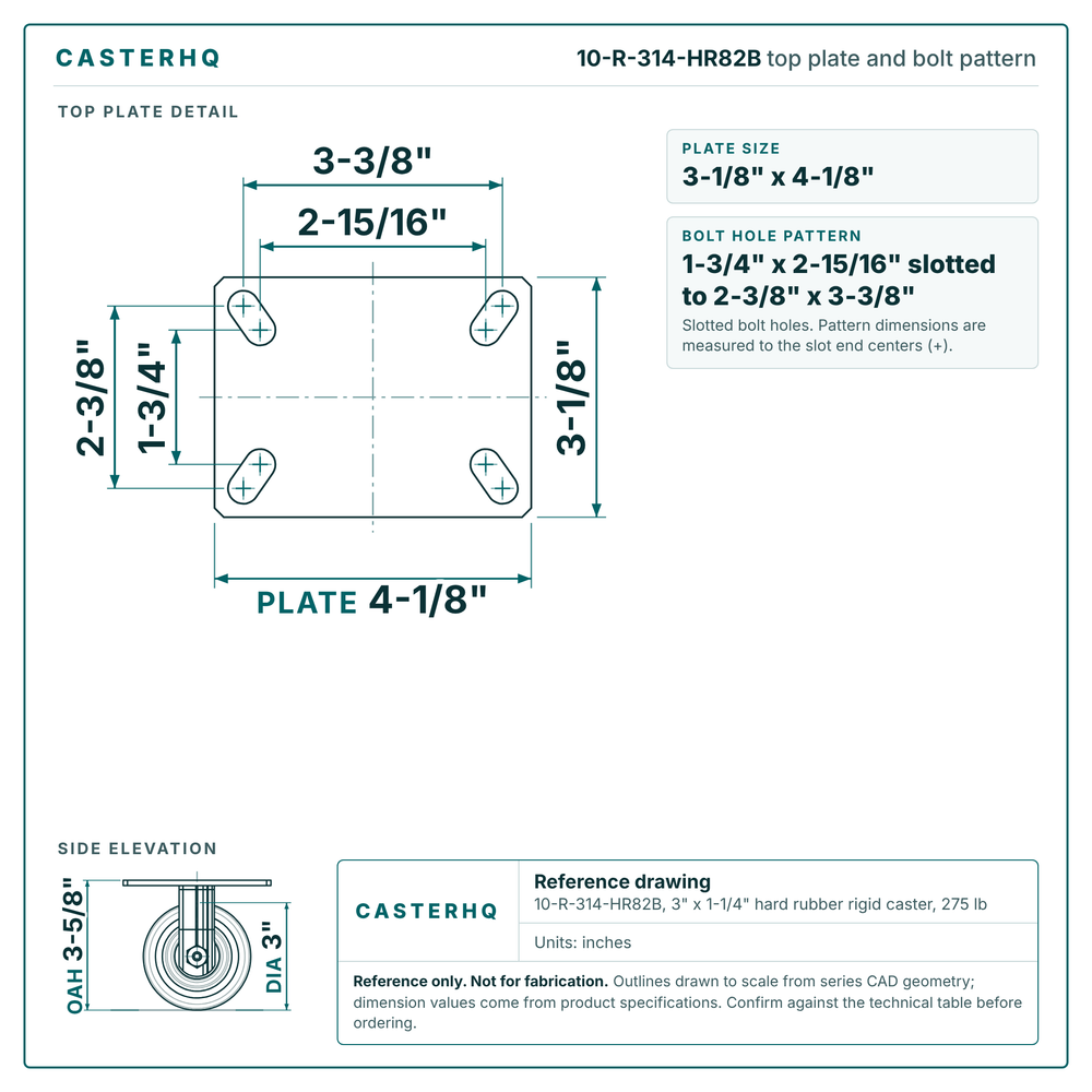 Top plate bolt pattern drawing, 3-1/8 x 4-1/8 in plate, 1-3/4 x 2-15/16 in slotted to 2-3/8 x 3-3/8 in, slotted bolt holes