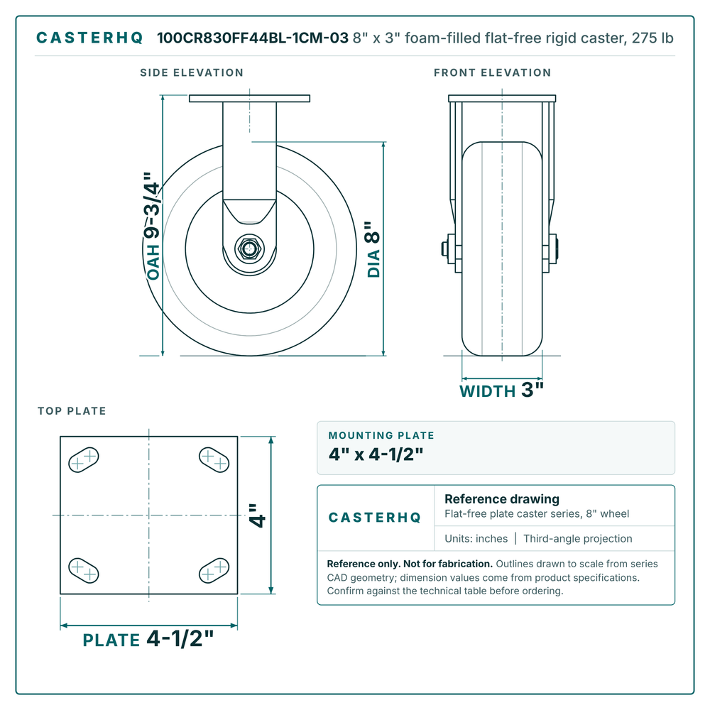 8" x 3" foam-filled flat-free rigid caster reference drawing, side, front and top plate views with dimensions