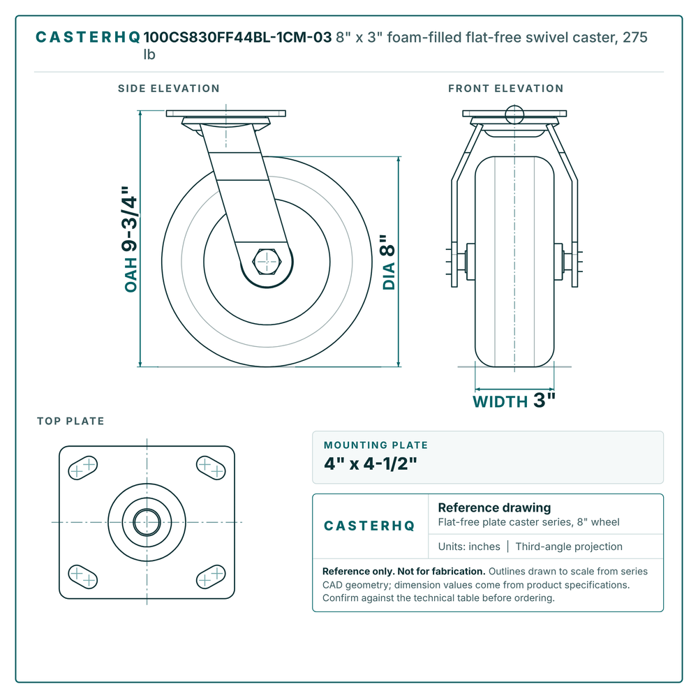 8" x 3" foam-filled flat-free swivel caster reference drawing, side, front and top plate views with dimensions