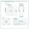 8" x 3" foam-filled flat-free swivel caster reference drawing, side, front and top plate views with dimensions