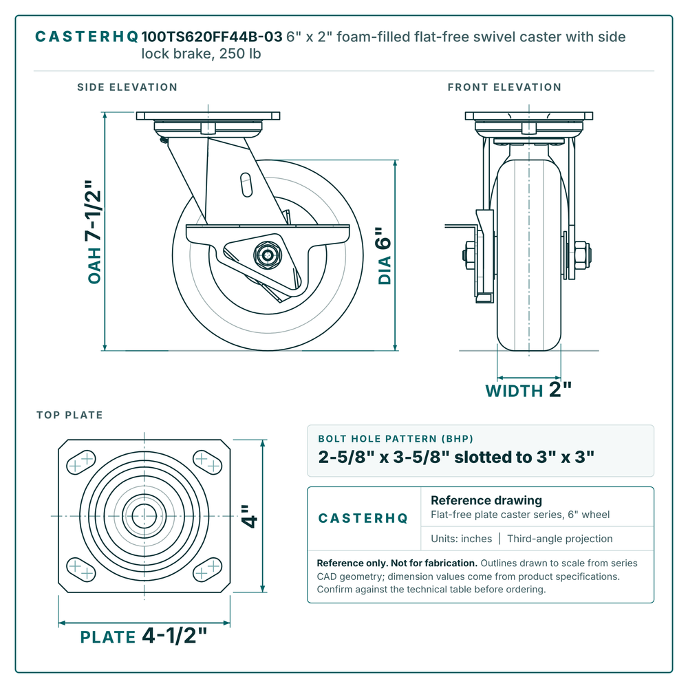 6" x 2" foam-filled flat-free swivel caster with side lock brake reference drawing, side, front and top plate views with dimensions