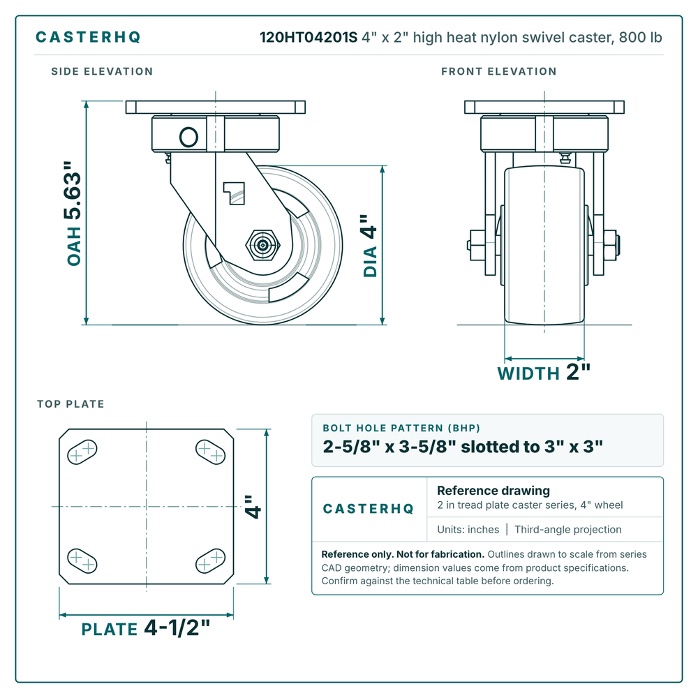 120HT04201S 4 x 2 in high heat nylon swivel caster reference drawing, side, front and top plate views with dimensions