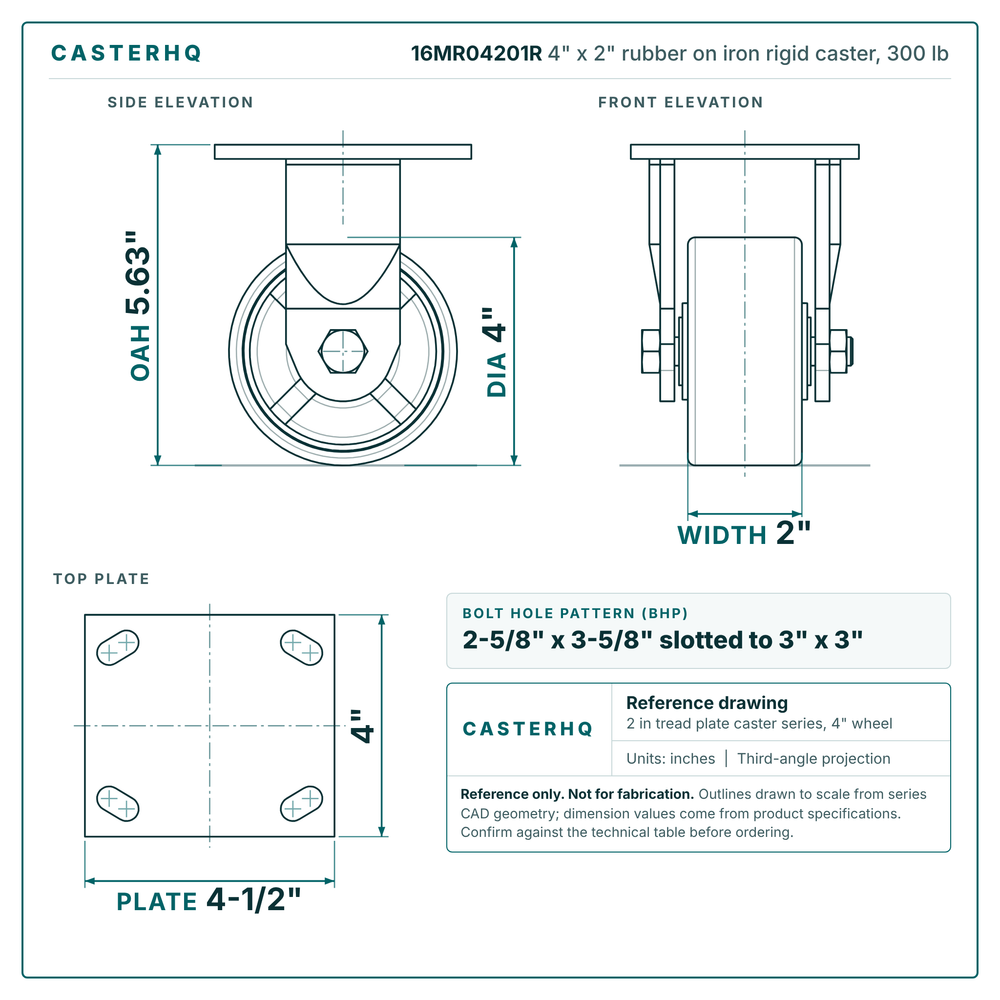 16MR04201R 4 x 2 in rubber on iron rigid caster reference drawing, side, front and top plate views with dimensions