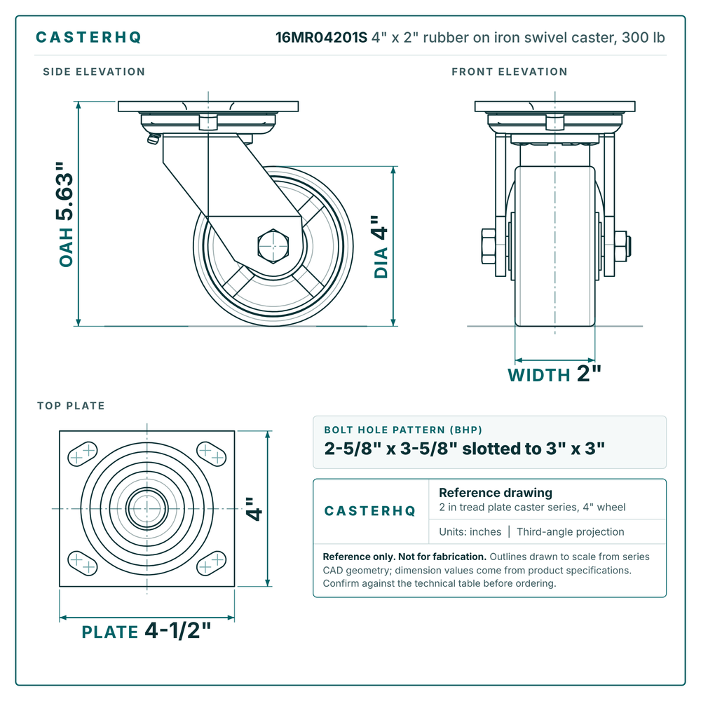16MR04201S 4 x 2 in rubber on iron swivel caster reference drawing, side, front and top plate views with dimensions