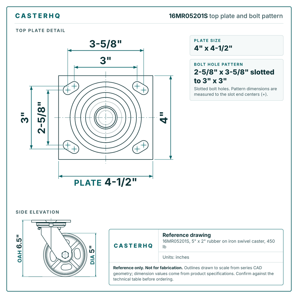16MR05201S top plate bolt pattern drawing, 4 x 4-1/2 in plate, slotted bolt holes