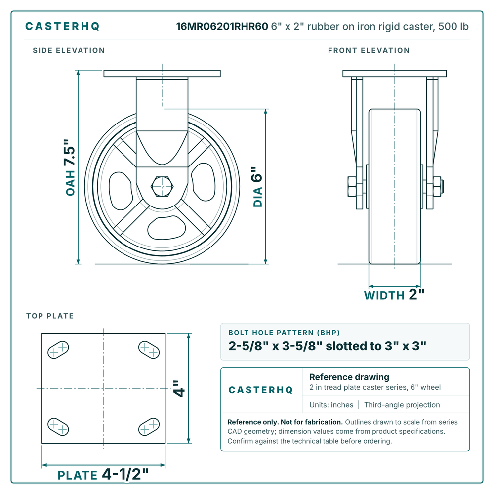 16MR06201RHR60 6 x 2 in rubber on iron rigid caster reference drawing, side, front and top plate views with dimensions