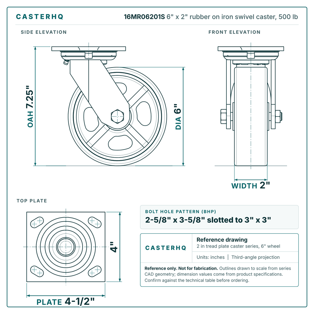 16MR06201S 6 x 2 in rubber on iron swivel caster reference drawing, side, front and top plate views with dimensions