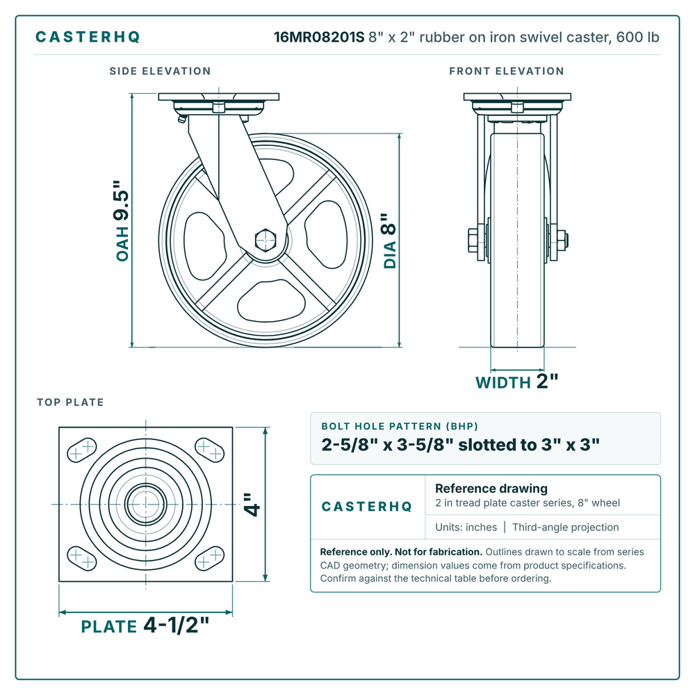 16MR08201S 8 x 2 in rubber on iron swivel caster reference drawing, side, front and top plate views with dimensions