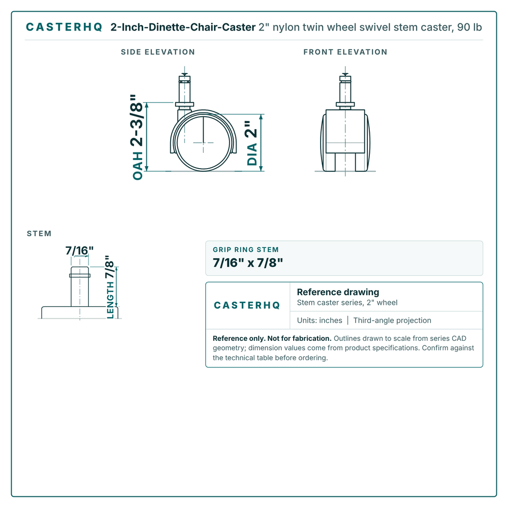 2" nylon twin wheel swivel stem caster reference drawing, side, front and top plate views with dimensions