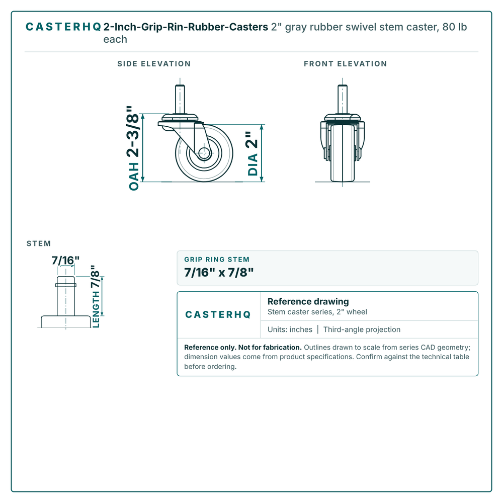 2" gray rubber swivel stem caster reference drawing, side, front and top plate views with dimensions