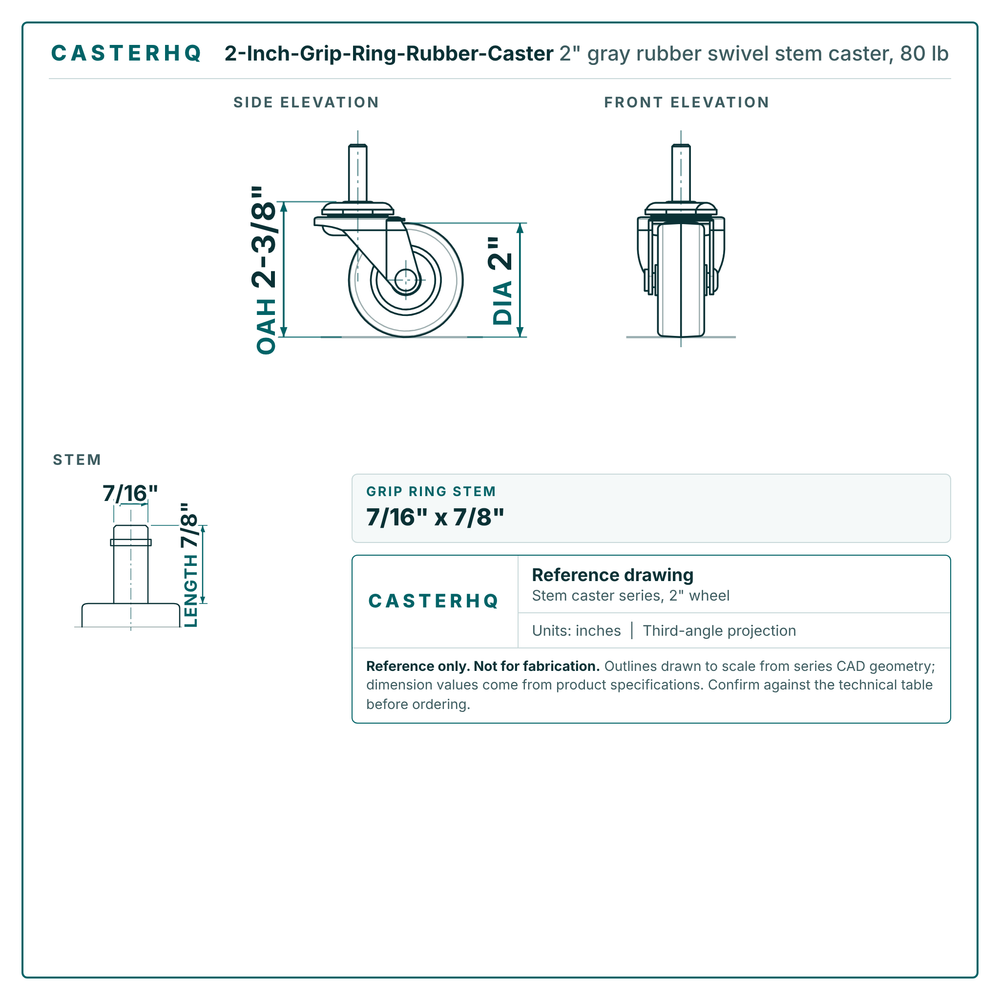 2" gray rubber swivel stem caster reference drawing, side, front and top plate views with dimensions