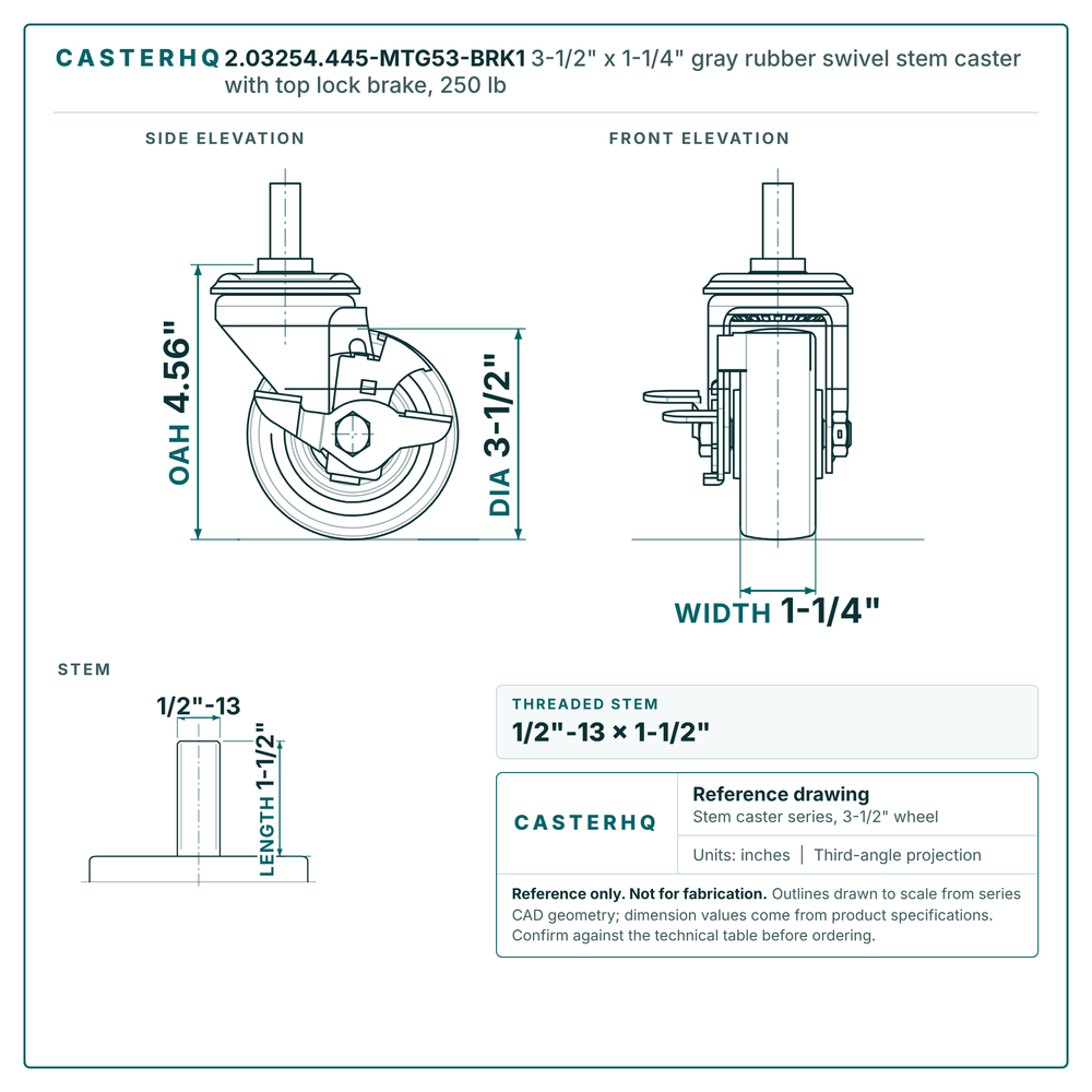 2.03254.445-MTG53-BRK1 3-1/2" x 1-1/4" gray rubber swivel stem caster with top lock brake, 250 lb reference drawing, side, front and stem views with dimensions